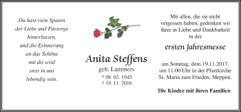Traueranzeige von Anita Steffens von Neue Osnabrücker Zeitung GmbH & Co. KG