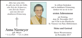 Traueranzeige von Anna Niemeyer von Neue Osnabrücker Zeitung GmbH & Co. KG