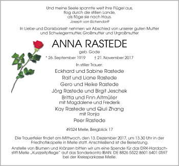 Traueranzeige von Anna Rastede von Neue Osnabrücker Zeitung GmbH & Co. KG