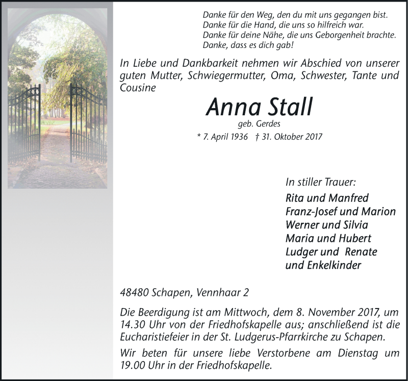  Traueranzeige für Anna Stall vom 03.11.2017 aus Neue Osnabrücker Zeitung GmbH & Co. KG