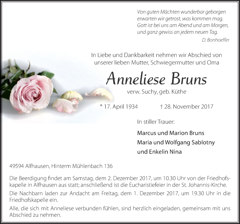  Traueranzeige für Anneliese Bruns vom 30.11.2017 aus Neue Osnabrücker Zeitung GmbH & Co. KG