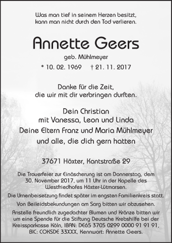 Traueranzeige von Annette Geers von Neue Osnabrücker Zeitung GmbH & Co. KG