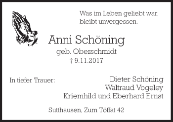 Traueranzeige von Anni Schöning von Neue Osnabrücker Zeitung GmbH & Co. KG