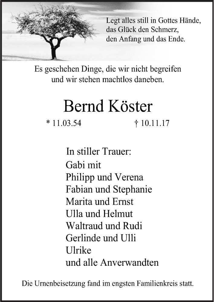  Traueranzeige für Bernd Köster vom 18.11.2017 aus Neue Osnabrücker Zeitung GmbH & Co. KG