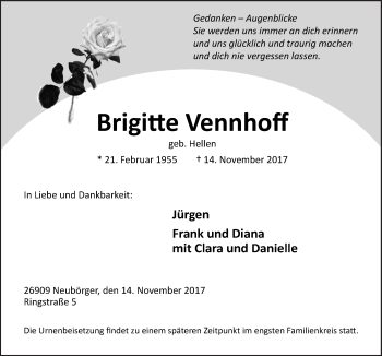 Traueranzeige von Brigitte Vennhoff von Neue Osnabrücker Zeitung GmbH & Co. KG