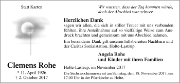 Traueranzeige von Clemens Rohe von Neue Osnabrücker Zeitung GmbH & Co. KG