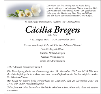 Traueranzeige von Cäcilia Bregen von Neue Osnabrücker Zeitung GmbH & Co. KG