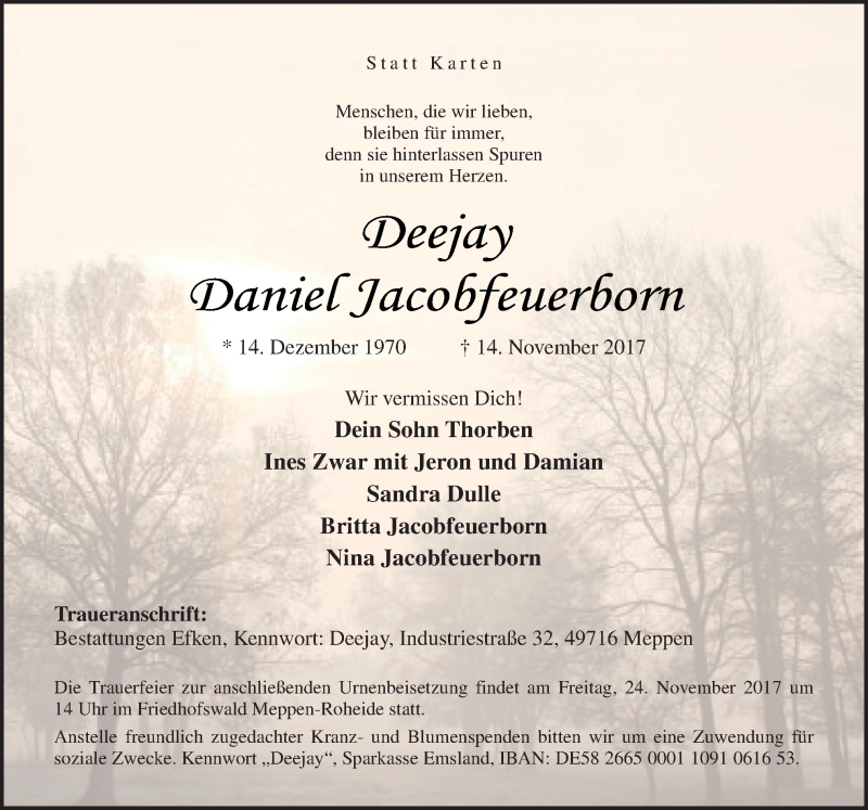 Traueranzeige für Daniel Jacobfeuerborn vom 18.11.2017 aus Neue Osnabrücker Zeitung GmbH & Co. KG