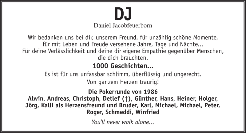  Traueranzeige für Daniel Jacobfeuerborn vom 22.11.2017 aus Neue Osnabrücker Zeitung GmbH & Co. KG