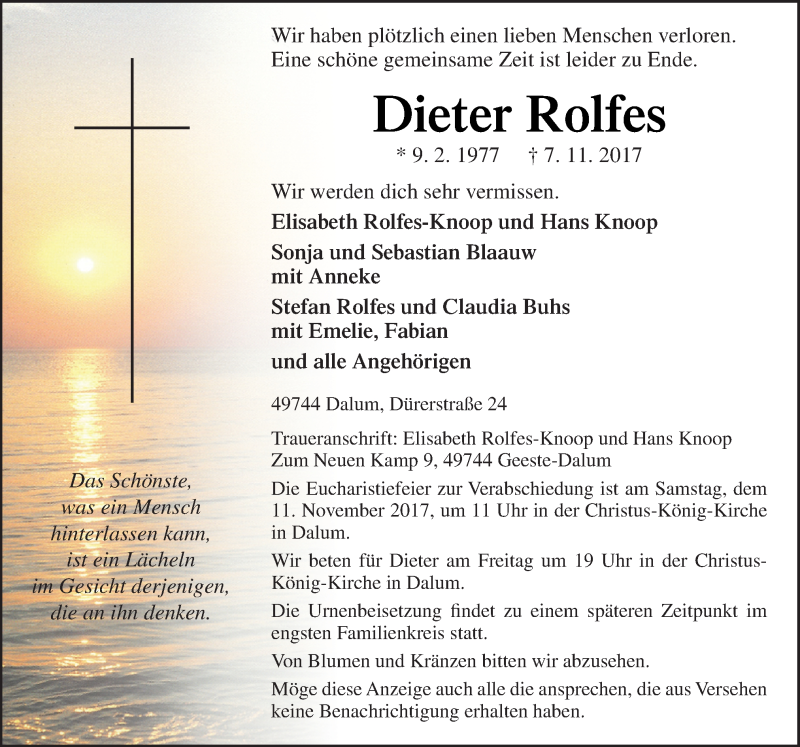 Traueranzeige für Dieter Rolfes vom 09.11.2017 aus Neue Osnabrücker Zeitung GmbH & Co. KG