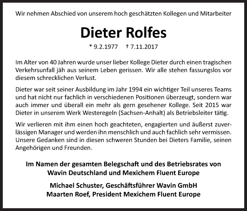  Traueranzeige für Dieter Rolfes vom 11.11.2017 aus Neue Osnabrücker Zeitung GmbH & Co. KG