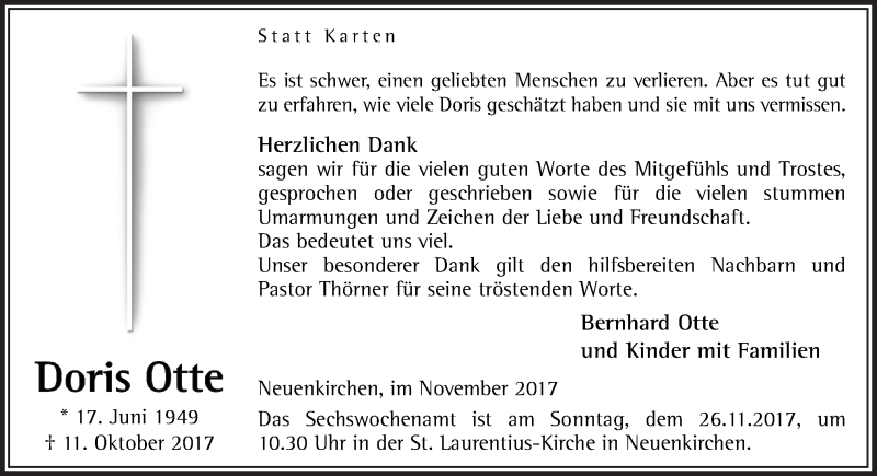  Traueranzeige für Doris Otte vom 22.11.2017 aus Neue Osnabrücker Zeitung GmbH & Co. KG