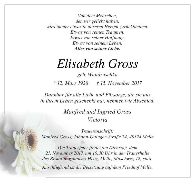  Traueranzeige für Elisabeth Gross vom 18.11.2017 aus Neue Osnabrücker Zeitung GmbH & Co. KG