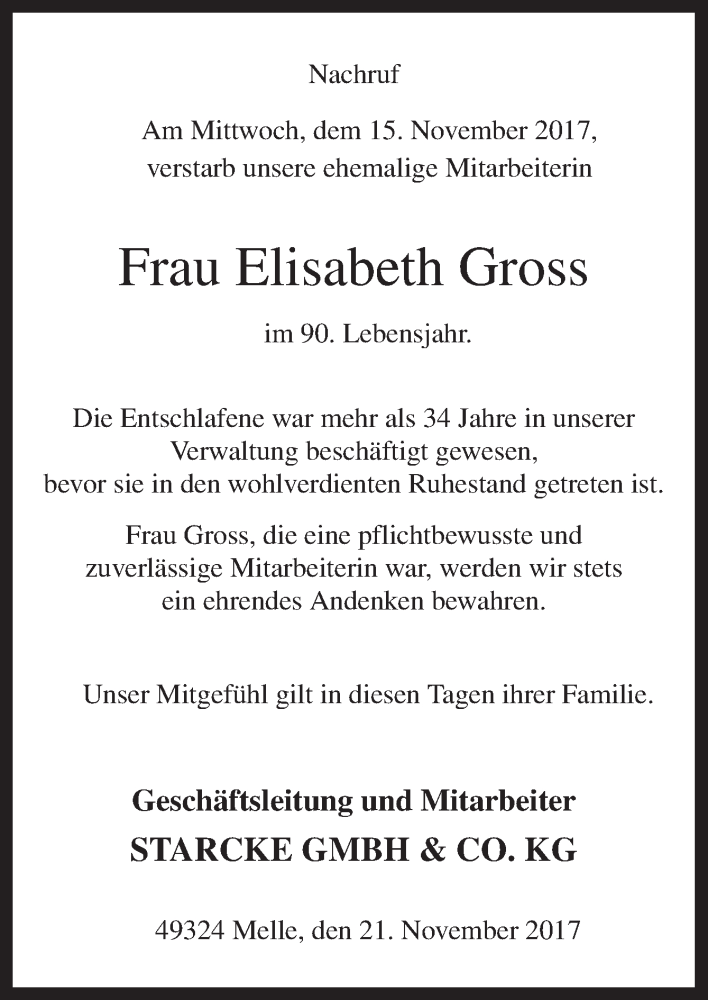  Traueranzeige für Elisabeth Gross vom 21.11.2017 aus Neue Osnabrücker Zeitung GmbH & Co. KG
