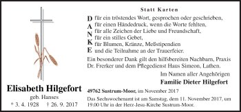 Traueranzeige von Elisabeth Hilgefort von Neue Osnabrücker Zeitung GmbH & Co. KG