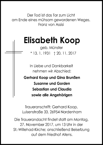 Traueranzeige von Elisabeth Koop von Neue Osnabrücker Zeitung GmbH & Co. KG