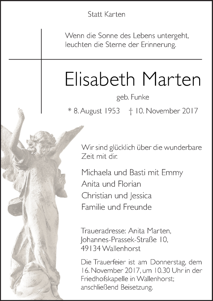  Traueranzeige für Elisabeth Marten vom 13.11.2017 aus Neue Osnabrücker Zeitung GmbH & Co. KG