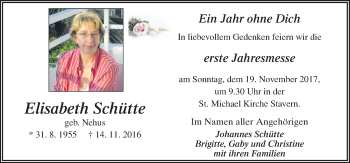 Traueranzeige von Elisabeth Schütte von Neue Osnabrücker Zeitung GmbH & Co. KG