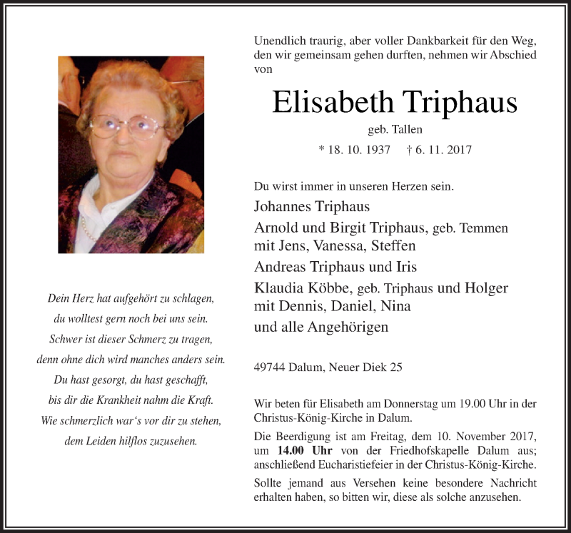  Traueranzeige für Elisabeth Triphaus vom 08.11.2017 aus Neue Osnabrücker Zeitung GmbH & Co. KG