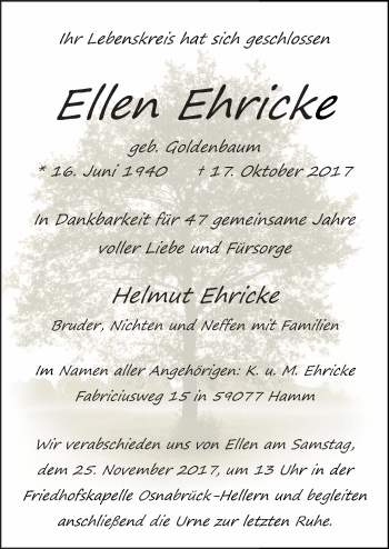 Traueranzeige von Ellen Ehricke von Neue Osnabrücker Zeitung GmbH & Co. KG