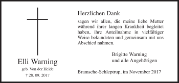Traueranzeige von Elli Warning von Neue Osnabrücker Zeitung GmbH & Co. KG