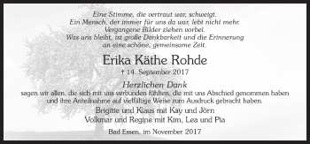 Traueranzeige von Erika Käthe Rohde von Neue Osnabrücker Zeitung GmbH & Co. KG