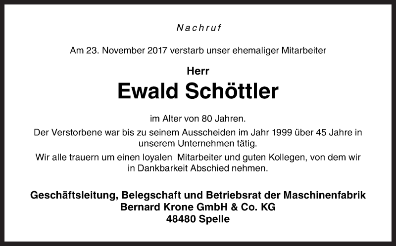  Traueranzeige für Ewald Schöttler vom 29.11.2017 aus Neue Osnabrücker Zeitung GmbH & Co. KG
