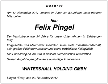 Traueranzeige von Felix Pingel von Neue Osnabrücker Zeitung GmbH & Co. KG