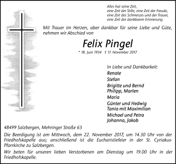 Traueranzeige von Felix Pingel von Neue Osnabrücker Zeitung GmbH & Co. KG