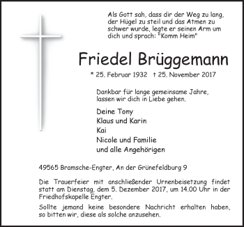 Traueranzeige von Friedel Brüggemann von Neue Osnabrücker Zeitung GmbH & Co. KG