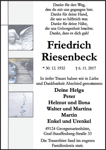 Traueranzeige von Friedrich Riesenbeck von Neue Osnabrücker Zeitung GmbH & Co. KG