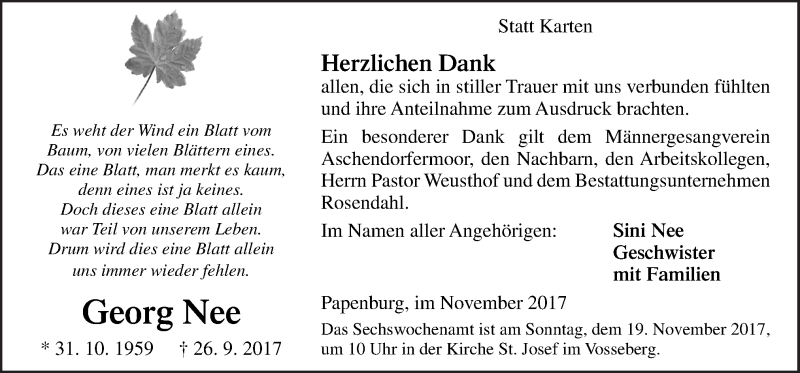  Traueranzeige für Georg Nee vom 16.11.2017 aus Neue Osnabrücker Zeitung GmbH & Co. KG
