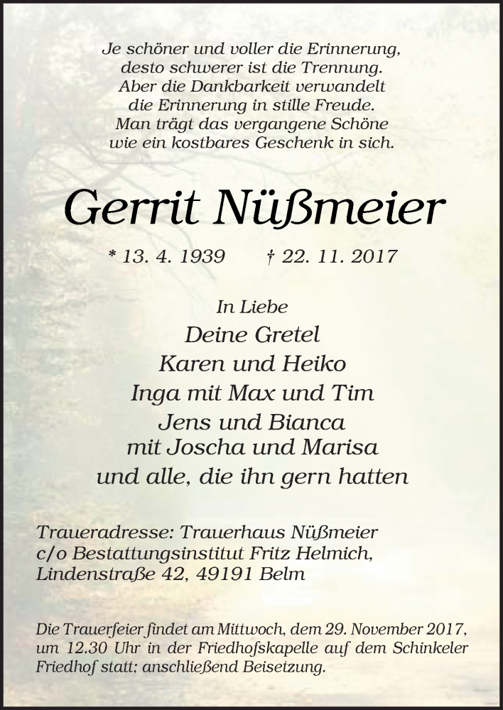  Traueranzeige für Gerrit Nüßmeier vom 25.11.2017 aus Neue Osnabrücker Zeitung GmbH & Co. KG