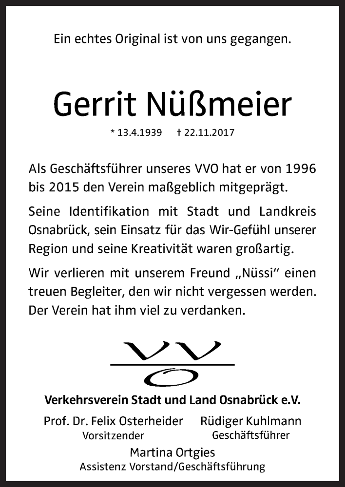  Traueranzeige für Gerrit Nüßmeier vom 29.11.2017 aus Neue Osnabrücker Zeitung GmbH & Co. KG