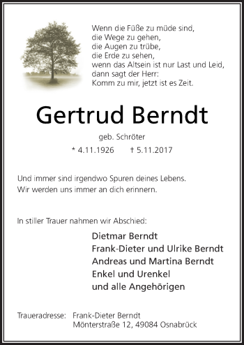 Traueranzeige von Gertrud Berndt von Neue Osnabrücker Zeitung GmbH & Co. KG