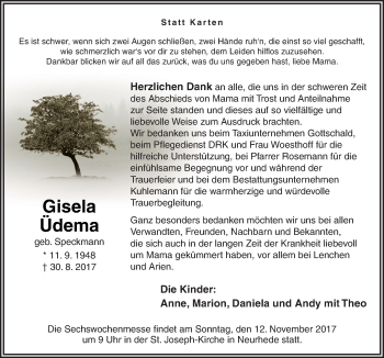 Traueranzeige von Gisela Üdema von Neue Osnabrücker Zeitung GmbH & Co. KG