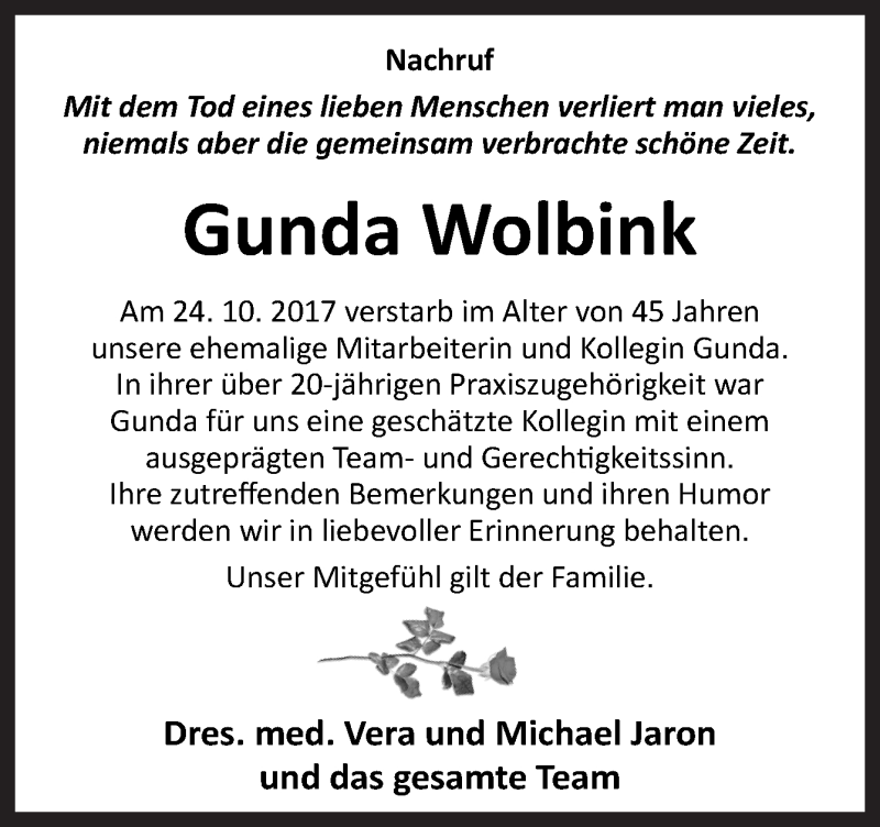  Traueranzeige für Gunda Wolbink vom 01.11.2017 aus Neue Osnabrücker Zeitung GmbH & Co. KG