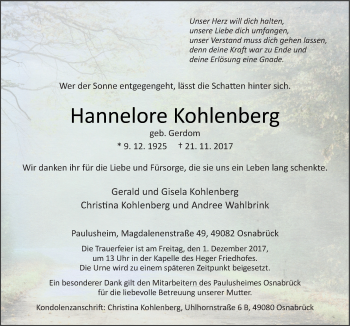 Traueranzeige von Hannelore Kohlenberg von Neue Osnabrücker Zeitung GmbH & Co. KG