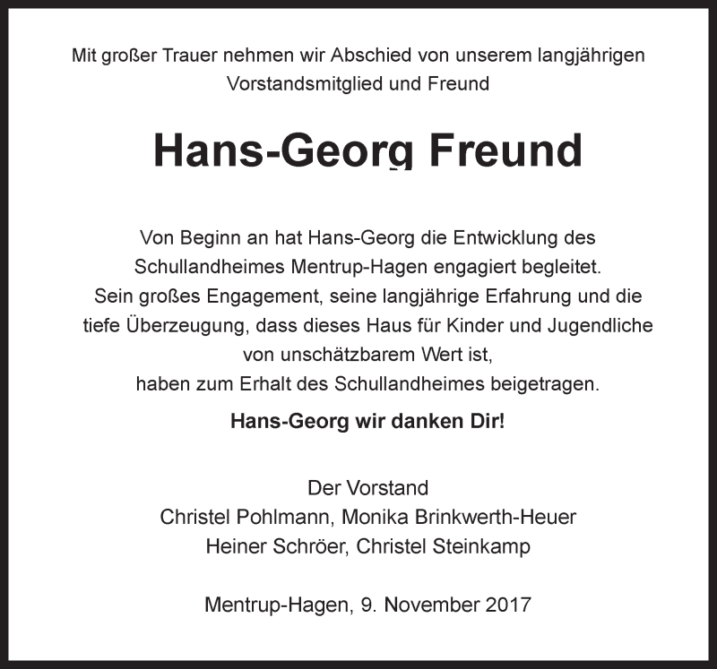  Traueranzeige für Hans-Georg Freund vom 09.11.2017 aus Neue Osnabrücker Zeitung GmbH & Co. KG