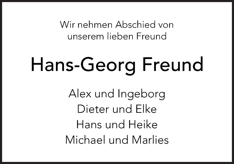  Traueranzeige für Hans-Georg Freund vom 07.11.2017 aus Neue Osnabrücker Zeitung GmbH & Co. KG