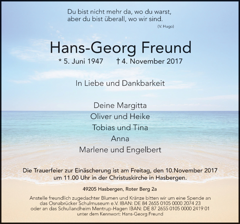  Traueranzeige für Hans-Georg Freund vom 07.11.2017 aus Neue Osnabrücker Zeitung GmbH & Co. KG