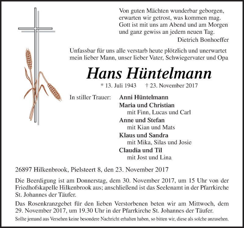  Traueranzeige für Hans Hüntelmann vom 27.11.2017 aus Neue Osnabrücker Zeitung GmbH & Co. KG