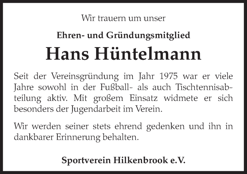  Traueranzeige für Hans Hüntelmann vom 28.11.2017 aus Neue Osnabrücker Zeitung GmbH & Co. KG