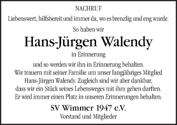 Traueranzeige von Hans-Jürgen Walendy von Neue Osnabrücker Zeitung GmbH & Co. KG