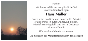 Traueranzeige von Hans Müller von Neue Osnabrücker Zeitung GmbH & Co. KG