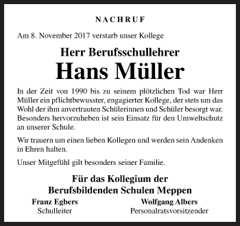 Traueranzeige von Hans Müller von Neue Osnabrücker Zeitung GmbH & Co. KG