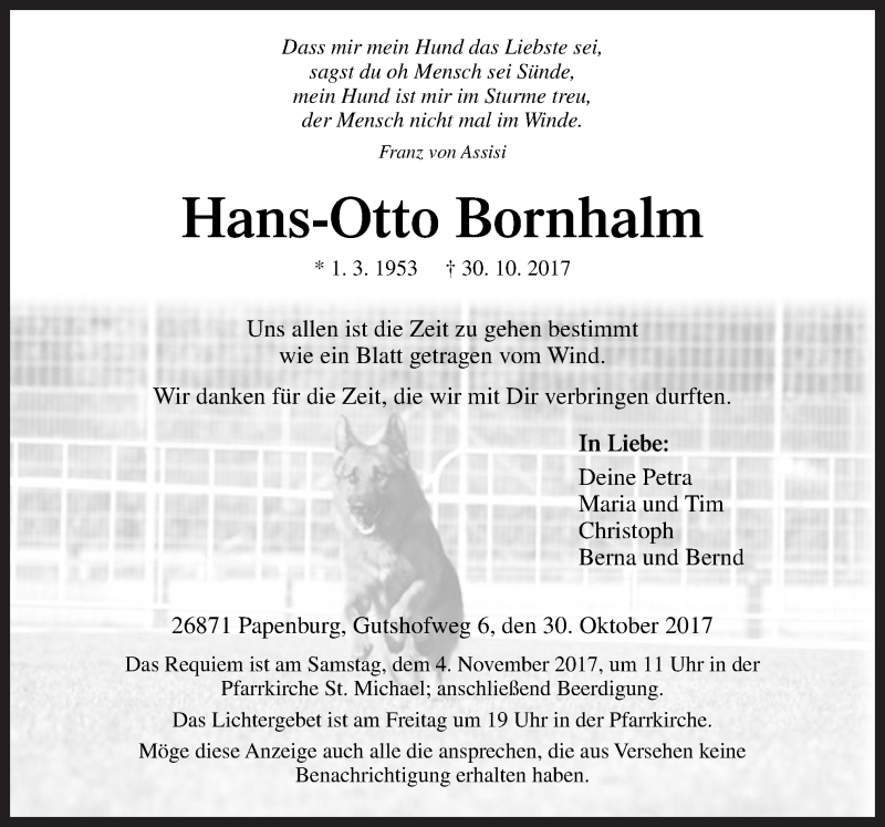  Traueranzeige für Hans-Otto Bornhalm vom 01.11.2017 aus Neue Osnabrücker Zeitung GmbH & Co. KG