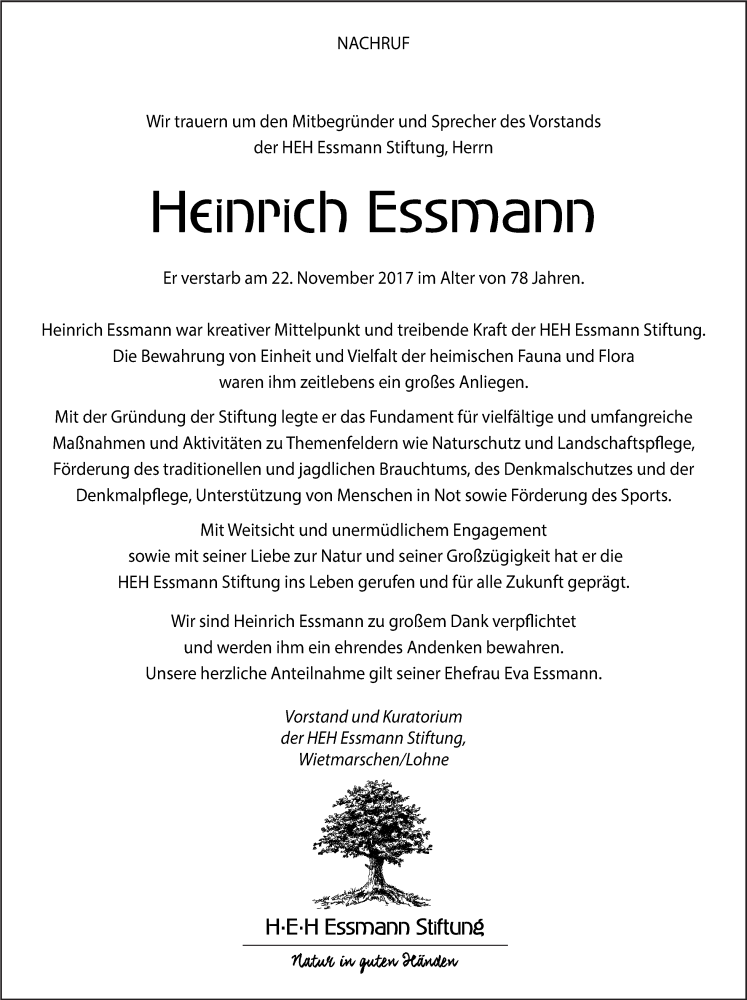  Traueranzeige für Heinrich Essmann vom 30.11.2017 aus Neue Osnabrücker Zeitung GmbH & Co. KG