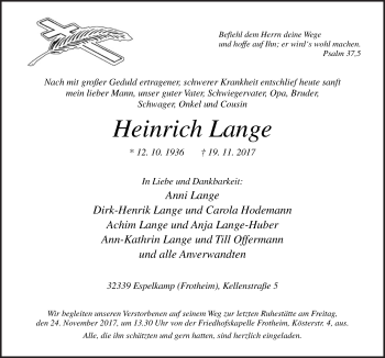 Traueranzeige von Heinrich Lange von Neue Osnabrücker Zeitung GmbH & Co. KG