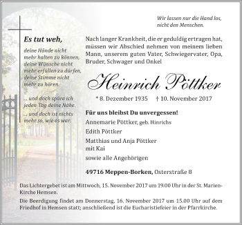 Traueranzeige von Heinrich Pöttker von Neue Osnabrücker Zeitung GmbH & Co. KG